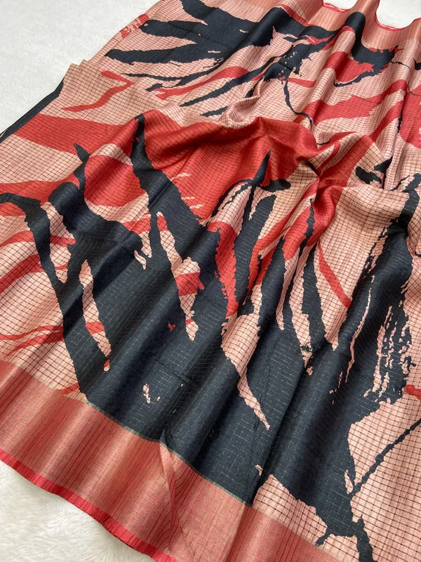Aarathi_Black_&_Red_–_Aarti_Glow_Diwali_Special_|_Soft_Tussar_Silk_Saree_with_Digital_Print,_Checks_Design_Saree_&_Digital_Print_Blouse_with_Tassels