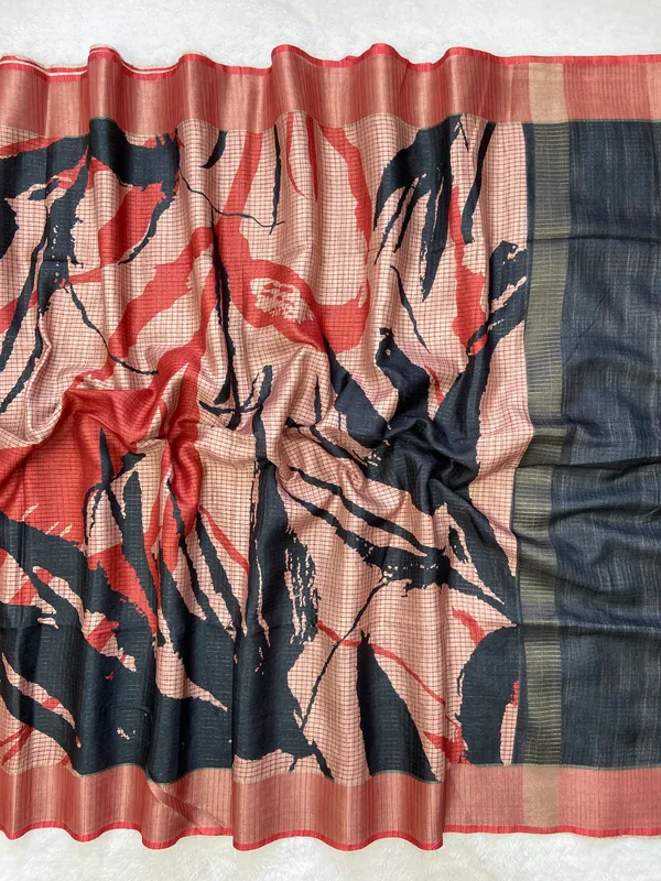 Aarathi_Black_&_Red_–_Aarti_Glow_Diwali_Special_|_Soft_Tussar_Silk_Saree_with_Digital_Print,_Checks_Design_Saree_&_Digital_Print_Blouse_with_Tassels