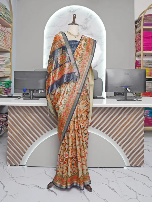 Soft_Tussar_Silk_sarees_with_Beautiful_Digital_Print_With_Attractive_Border_And_Contrast_Print_Blouse_With_Tassels