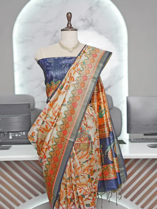 Soft_Tussar_Silk_sarees_with_Beautiful_Digital_Print_With_Attractive_Border_And_Contrast_Print_Blouse_With_Tassels