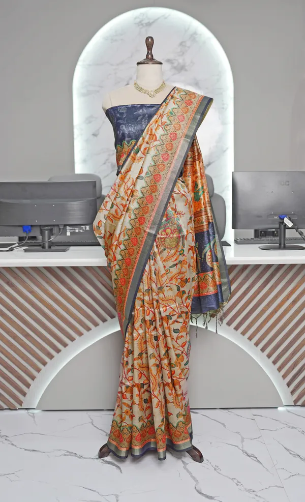 Soft_Tussar_Silk_sarees_with_Beautiful_Digital_Print_With_Attractive_Border_And_Contrast_Print_Blouse_With_Tassels