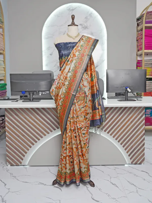 Soft_Tussar_Silk_sarees_with_Beautiful_Digital_Print_With_Attractive_Border_And_Contrast_Print_Blouse_With_Tassels