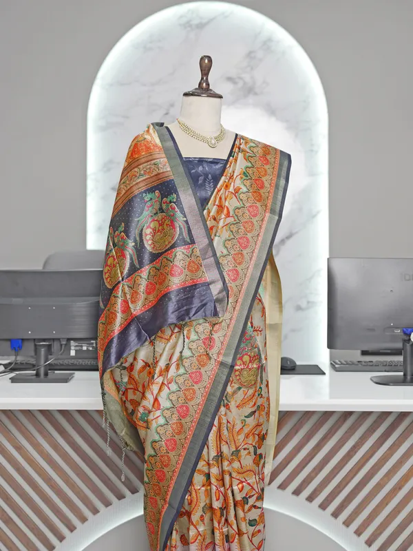 Soft_Tussar_Silk_sarees_with_Beautiful_Digital_Print_With_Attractive_Border_And_Contrast_Print_Blouse_With_Tassels