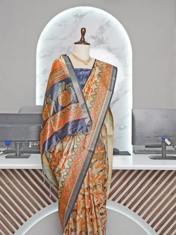 Soft_Tussar_Silk_sarees_with_Beautiful_Digital_Print_With_Attractive_Border_And_Contrast_Print_Blouse_With_Tassels