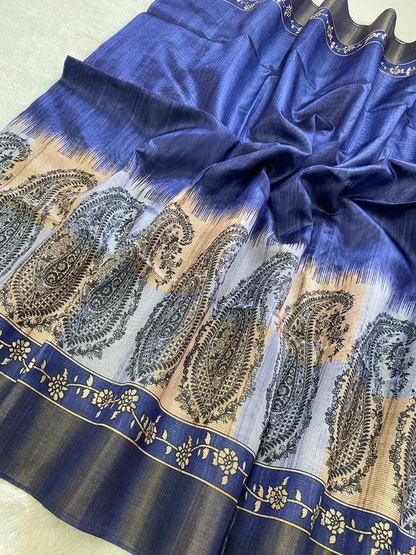 Falak_Blue_–_Skyward_Navratri_Special_|_Soft_Tussar_Silk_Saree_with_Print,_Border_&_Contrast_Print_Blouse_with_Tassels