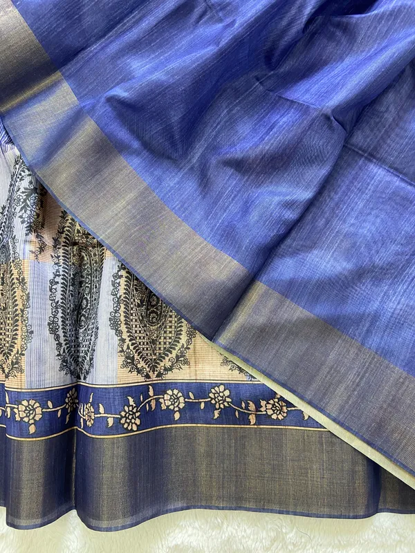 Falak_Blue_–_Skyward_Navratri_Special_|_Soft_Tussar_Silk_Saree_with_Print,_Border_&_Contrast_Print_Blouse_with_Tassels