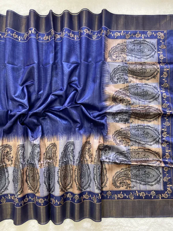 Falak_Blue_–_Skyward_Navratri_Special_|_Soft_Tussar_Silk_Saree_with_Print,_Border_&_Contrast_Print_Blouse_with_Tassels
