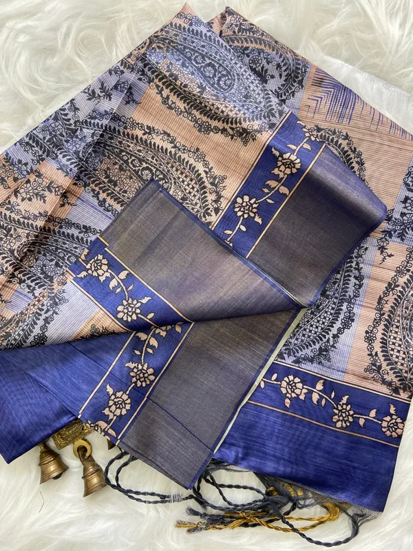 Falak_Blue_–_Skyward_Navratri_Special_|_Soft_Tussar_Silk_Saree_with_Print,_Border_&_Contrast_Print_Blouse_with_Tassels