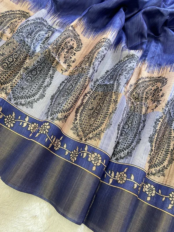 Falak_Blue_–_Skyward_Navratri_Special_|_Soft_Tussar_Silk_Saree_with_Print,_Border_&_Contrast_Print_Blouse_with_Tassels