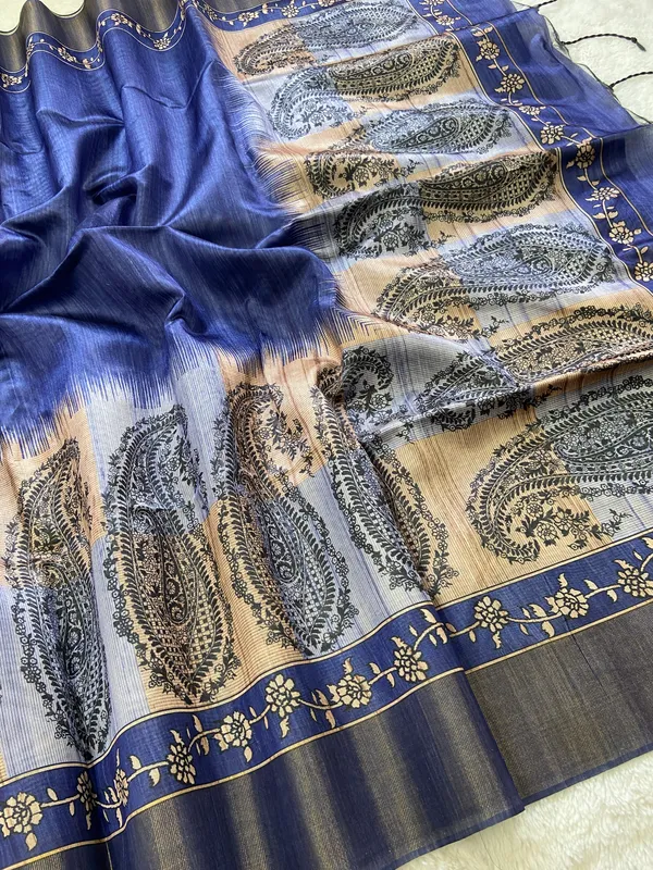 Falak_Blue_–_Skyward_Navratri_Special_|_Soft_Tussar_Silk_Saree_with_Print,_Border_&_Contrast_Print_Blouse_with_Tassels