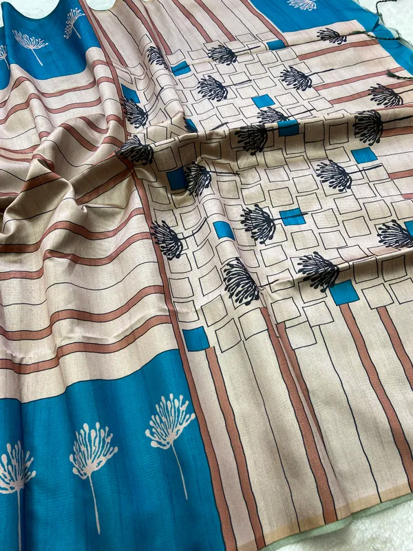 Soft_Tussar_Silk_sarees_with_Beautiful_Digital_Print_With_Attractive_Border_And_Contrast_Print_Blouse_With_Tassels