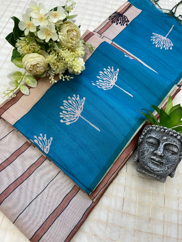 Soft_Tussar_Silk_sarees_with_Beautiful_Digital_Print_With_Attractive_Border_And_Contrast_Print_Blouse_With_Tassels
