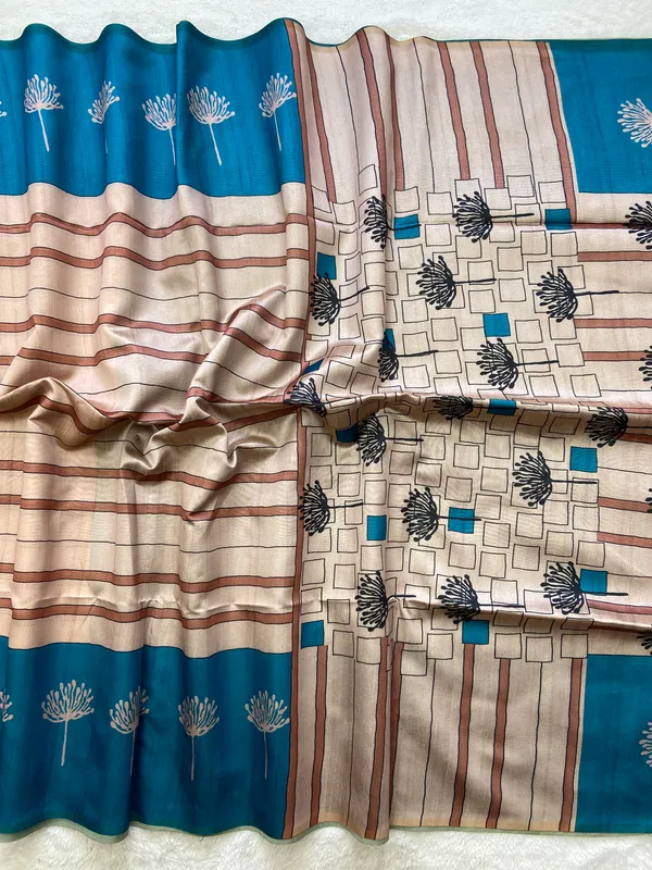 Soft_Tussar_Silk_sarees_with_Beautiful_Digital_Print_With_Attractive_Border_And_Contrast_Print_Blouse_With_Tassels