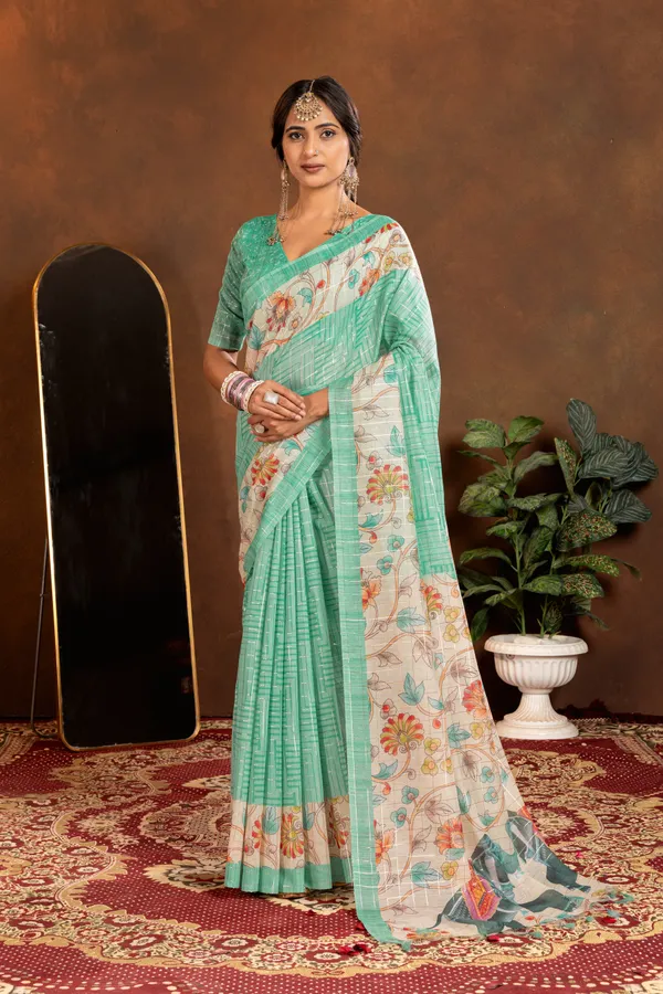 Chandrika_Rama_Green_–_Moonlit_Navratri_Special_|_Soft_Semi_Tussar_Silk_Saree_with_Digital_Print,_Border_&_Contrast_Print_Blouse_with_Tassels