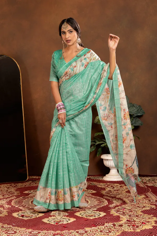 Chandrika_Rama_Green_–_Moonlit_Navratri_Special_|_Soft_Semi_Tussar_Silk_Saree_with_Digital_Print,_Border_&_Contrast_Print_Blouse_with_Tassels