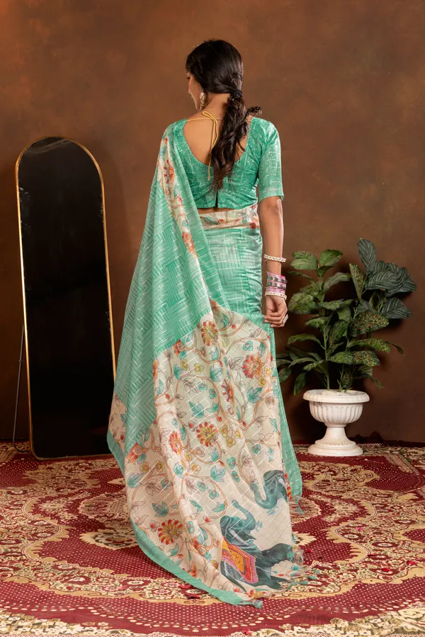Chandrika_Rama_Green_–_Moonlit_Navratri_Special_|_Soft_Semi_Tussar_Silk_Saree_with_Digital_Print,_Border_&_Contrast_Print_Blouse_with_Tassels