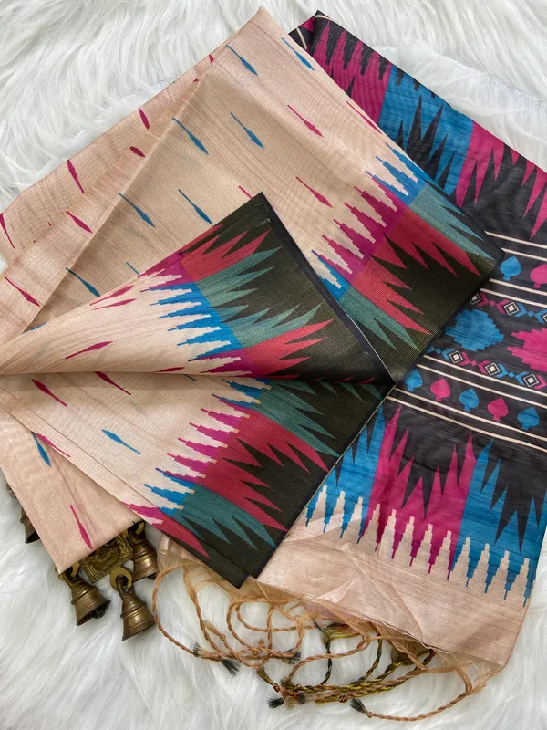 Manasvi_Black_–_Noble_Hearted_Aesthetic_Edit_for_You_|_Soft_Tussar_Silk_Saree_with_Print,_Border_&_Contrast_Print_Blouse_with_Tassels
