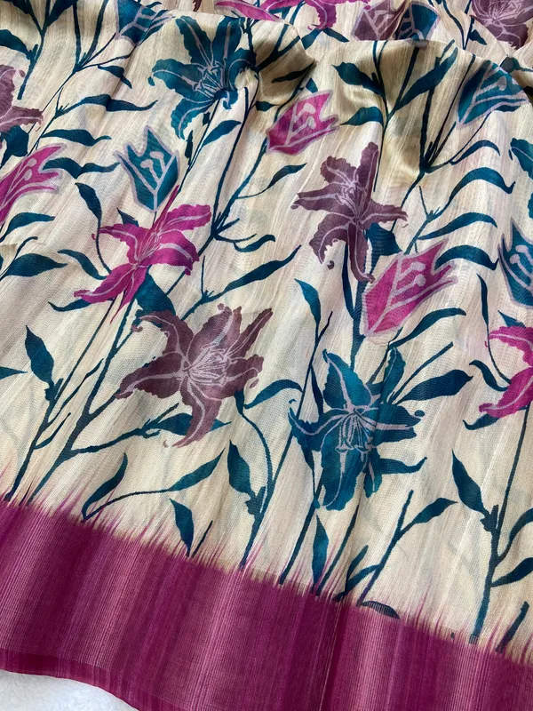 Soft_Tussar_Silk_sarees_with_Beautiful_Digital_Print_With_Attractive_Border_And_Contrast_Print_Blouse_With_Tassels