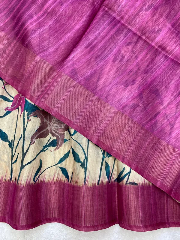 Soft_Tussar_Silk_sarees_with_Beautiful_Digital_Print_With_Attractive_Border_And_Contrast_Print_Blouse_With_Tassels