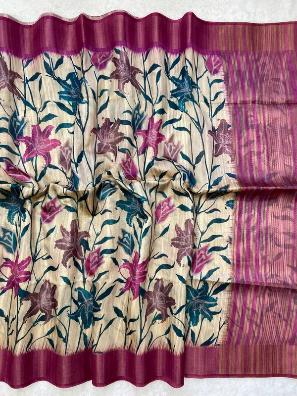 Soft_Tussar_Silk_sarees_with_Beautiful_Digital_Print_With_Attractive_Border_And_Contrast_Print_Blouse_With_Tassels