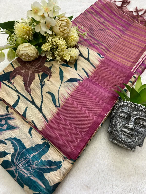 Soft_Tussar_Silk_sarees_with_Beautiful_Digital_Print_With_Attractive_Border_And_Contrast_Print_Blouse_With_Tassels