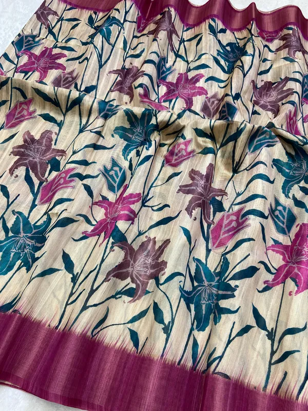 Soft_Tussar_Silk_sarees_with_Beautiful_Digital_Print_With_Attractive_Border_And_Contrast_Print_Blouse_With_Tassels