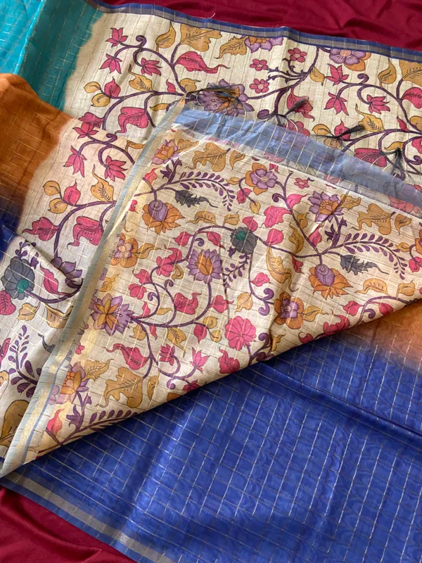 Soft_Semi_Tussar_Silk_sarees_with_Beautiful_Digital_Print_With_Attractive_Border_And_Contrast_Print_Blouse_With_Tassels