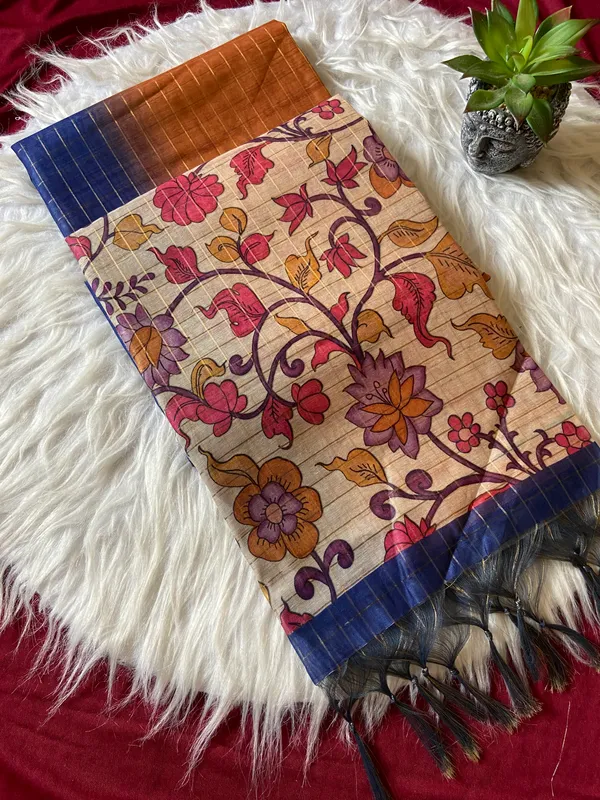 Soft_Semi_Tussar_Silk_sarees_with_Beautiful_Digital_Print_With_Attractive_Border_And_Contrast_Print_Blouse_With_Tassels