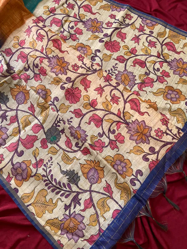 Soft_Semi_Tussar_Silk_sarees_with_Beautiful_Digital_Print_With_Attractive_Border_And_Contrast_Print_Blouse_With_Tassels