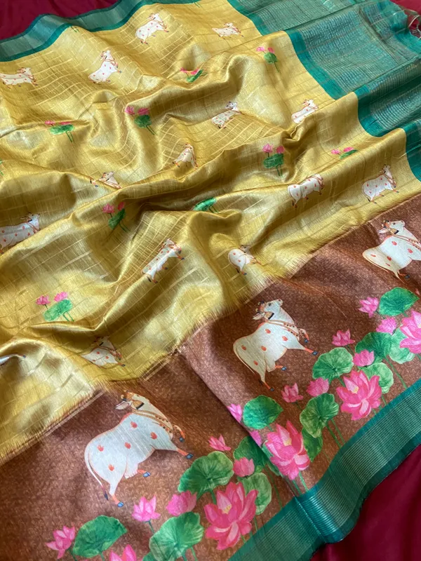 Soft_Semi_Tussar_Silk_sarees_with_Beautiful_Digital_Print_With_Attractive_Border_And_Contrast_Print_Blouse_With_Tassels