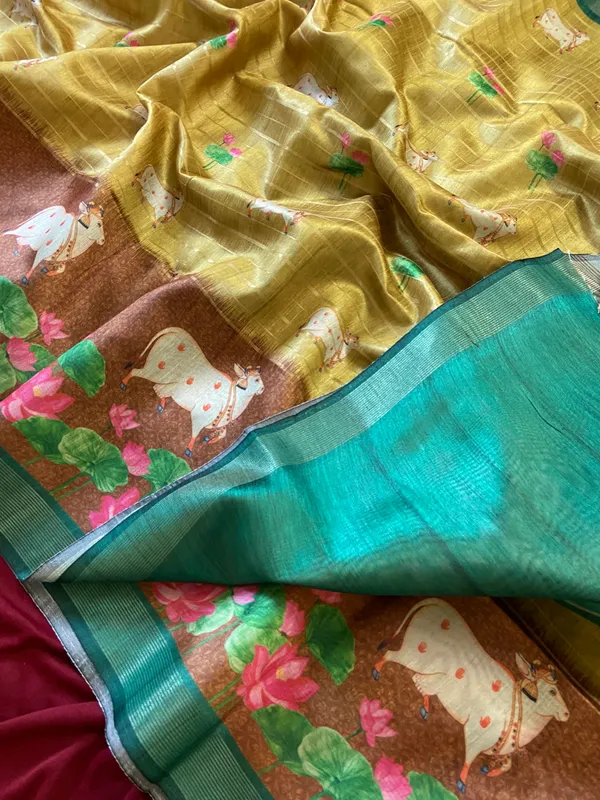 Soft_Semi_Tussar_Silk_sarees_with_Beautiful_Digital_Print_With_Attractive_Border_And_Contrast_Print_Blouse_With_Tassels