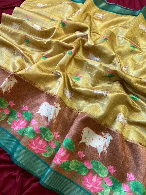 Soft_Semi_Tussar_Silk_sarees_with_Beautiful_Digital_Print_With_Attractive_Border_And_Contrast_Print_Blouse_With_Tassels