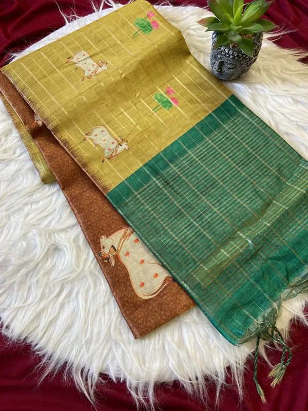 Soft_Semi_Tussar_Silk_sarees_with_Beautiful_Digital_Print_With_Attractive_Border_And_Contrast_Print_Blouse_With_Tassels