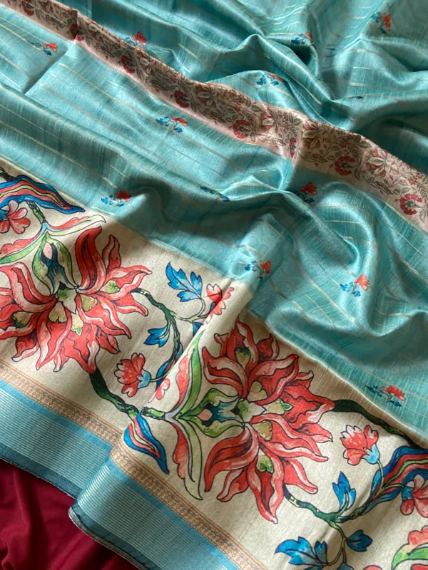 Soft_Semi_Tussar_Silk_sarees_with_Beautiful_Digital_Print_With_Attractive_Border_And_Contrast_Print_Blouse_With_Tassels