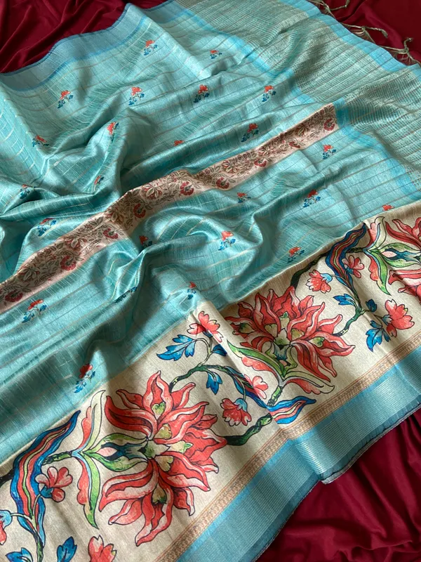 Soft_Semi_Tussar_Silk_sarees_with_Beautiful_Digital_Print_With_Attractive_Border_And_Contrast_Print_Blouse_With_Tassels