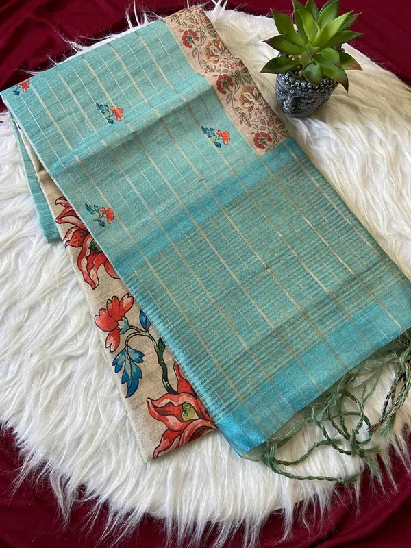 Soft_Semi_Tussar_Silk_sarees_with_Beautiful_Digital_Print_With_Attractive_Border_And_Contrast_Print_Blouse_With_Tassels