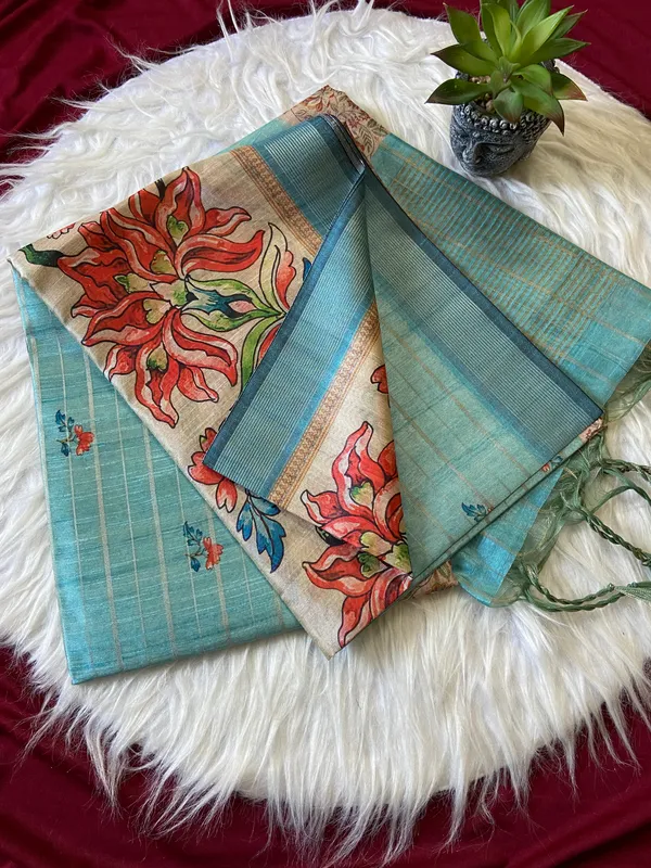 Soft_Semi_Tussar_Silk_sarees_with_Beautiful_Digital_Print_With_Attractive_Border_And_Contrast_Print_Blouse_With_Tassels