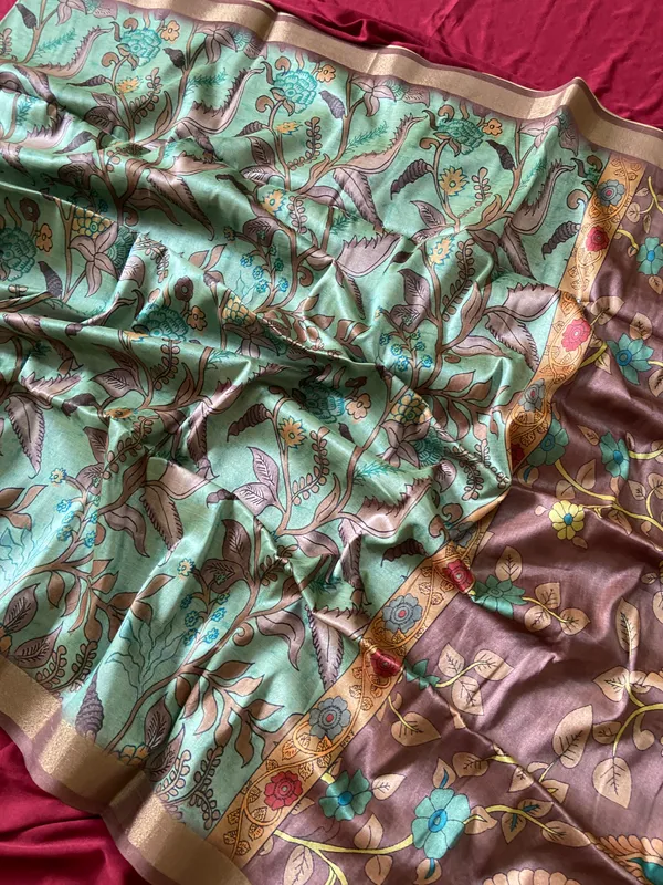 Soft_Tussar_Silk_sarees_with_Beautiful_Digital_Print_With_Attractive_Border_And_Contrast_Print_Blouse_With_Tassels