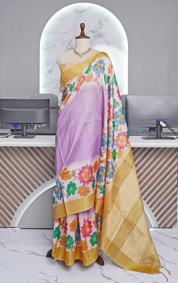 Soft_Tussar_Silk_sarees_with_Beautiful_Digital_Print_With_Attractive_Border_And_Contrast_Print_Blouse_With_Tassels