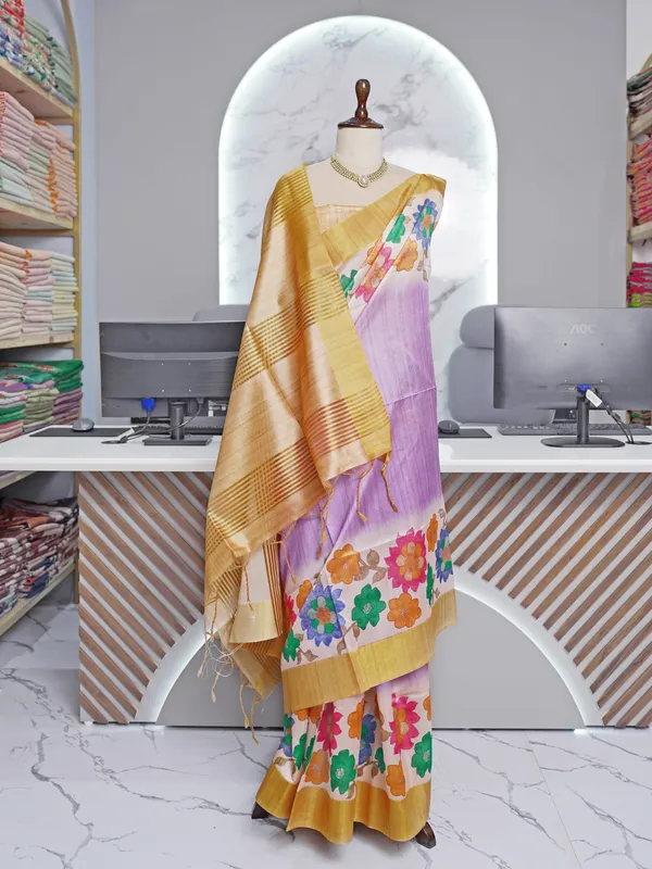 Soft_Tussar_Silk_sarees_with_Beautiful_Digital_Print_With_Attractive_Border_And_Contrast_Print_Blouse_With_Tassels