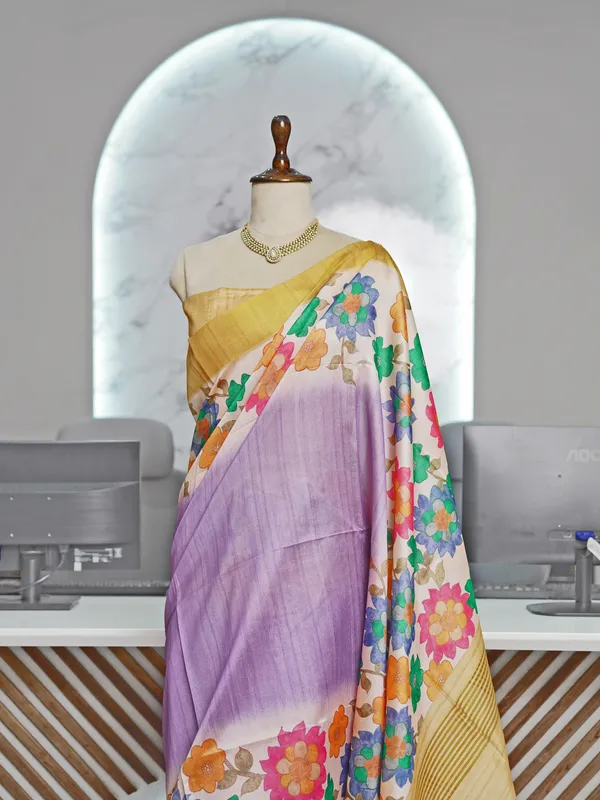 Soft_Tussar_Silk_sarees_with_Beautiful_Digital_Print_With_Attractive_Border_And_Contrast_Print_Blouse_With_Tassels