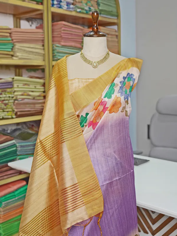 Soft_Tussar_Silk_sarees_with_Beautiful_Digital_Print_With_Attractive_Border_And_Contrast_Print_Blouse_With_Tassels
