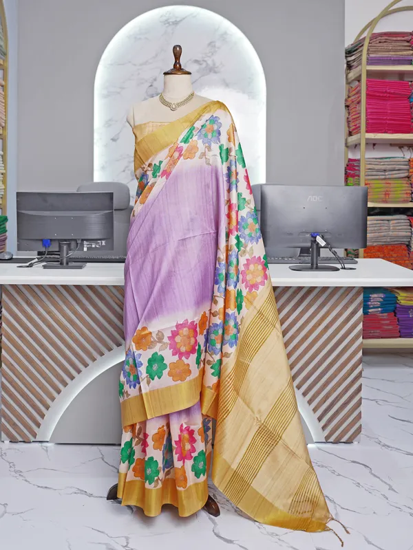 Soft_Tussar_Silk_sarees_with_Beautiful_Digital_Print_With_Attractive_Border_And_Contrast_Print_Blouse_With_Tassels