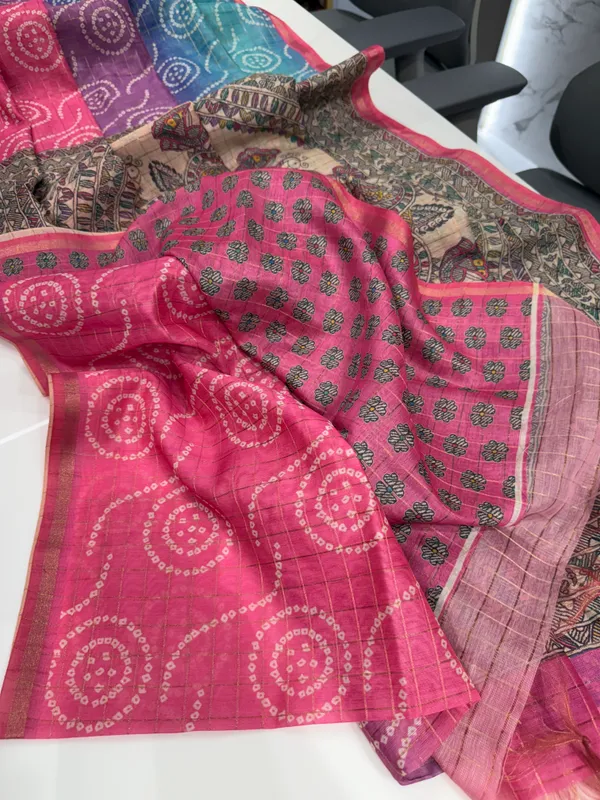 Soft_Semi_Tussar_Silk_sarees_with_Beautiful_Digital_Print_With_Attractive_Border_And_Contrast_Print_Blouse_With_Tassels
