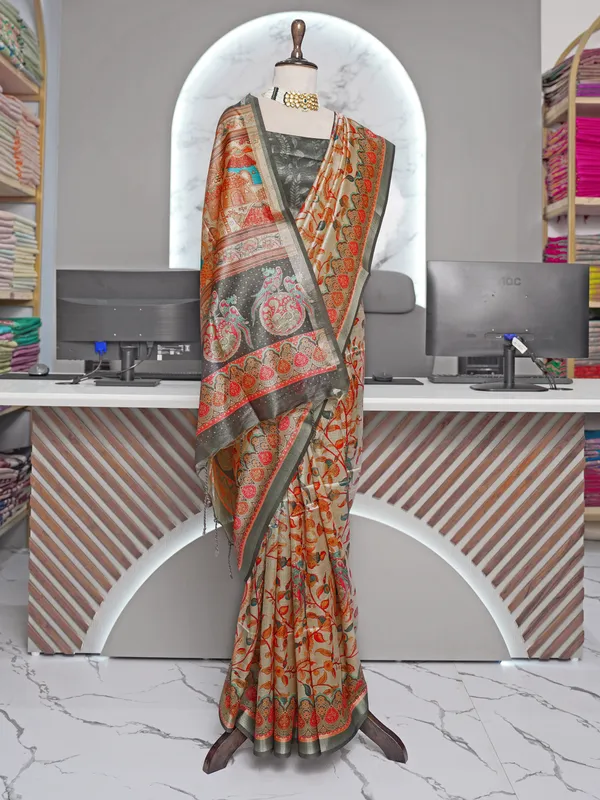 Soft_Tussar_Silk_sarees_with_Beautiful_Digital_Print_With_Attractive_Border_And_Contrast_Print_Blouse_With_Tassels