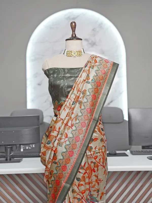 Soft_Tussar_Silk_sarees_with_Beautiful_Digital_Print_With_Attractive_Border_And_Contrast_Print_Blouse_With_Tassels