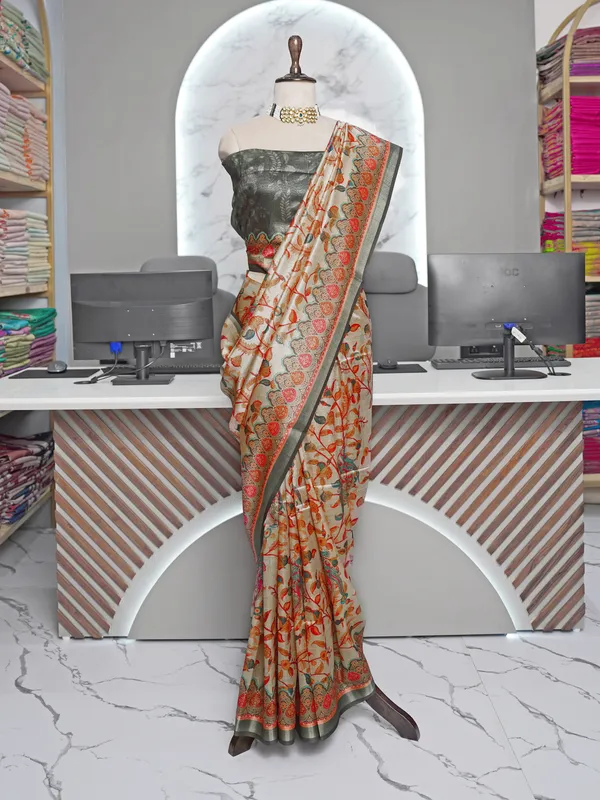Soft_Tussar_Silk_sarees_with_Beautiful_Digital_Print_With_Attractive_Border_And_Contrast_Print_Blouse_With_Tassels