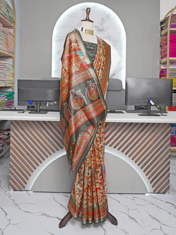 Soft_Tussar_Silk_sarees_with_Beautiful_Digital_Print_With_Attractive_Border_And_Contrast_Print_Blouse_With_Tassels