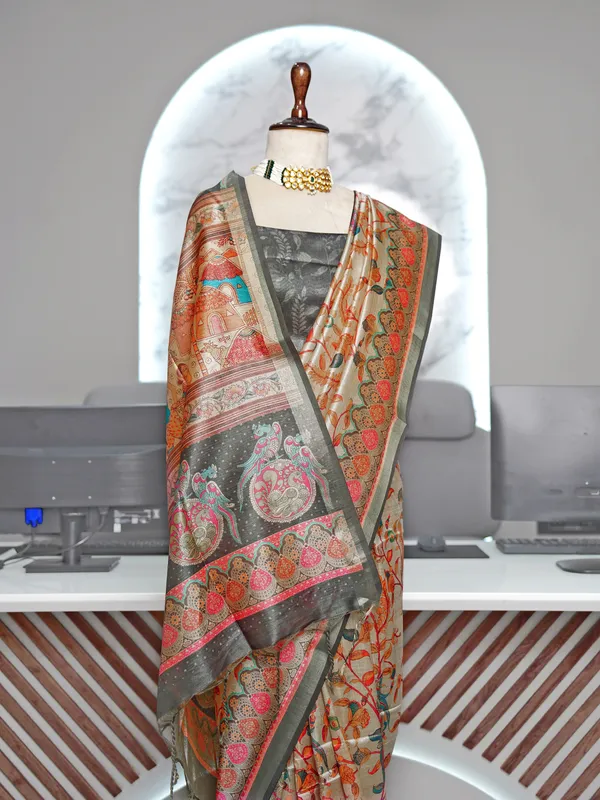 Soft_Tussar_Silk_sarees_with_Beautiful_Digital_Print_With_Attractive_Border_And_Contrast_Print_Blouse_With_Tassels