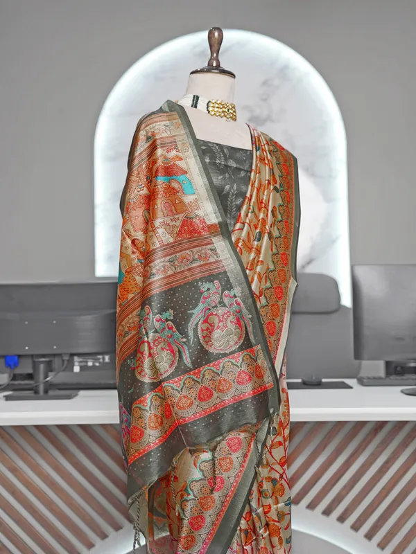 Soft_Tussar_Silk_sarees_with_Beautiful_Digital_Print_With_Attractive_Border_And_Contrast_Print_Blouse_With_Tassels